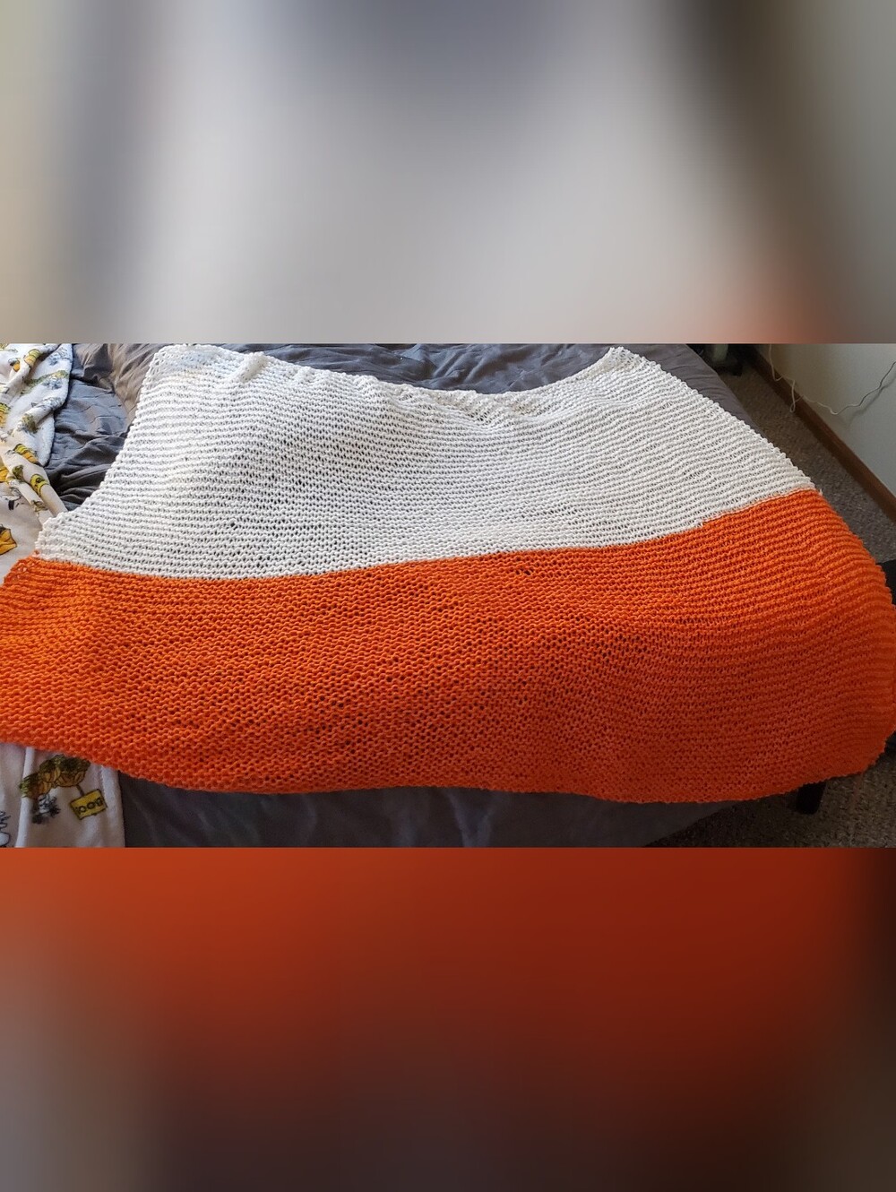 Handmade White and Orange Chunky Knit Throw Blanket - Toddler